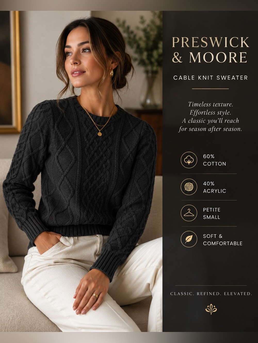 Preswick & Moore Petite Small Cable Knit Sweater Gray Cotton Blend Crewneck PS